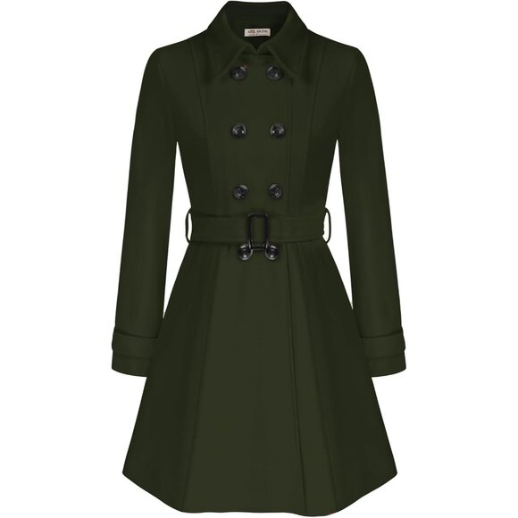 💫 Women Green Classic Trench Coat Double Breasted Button Belted Pockets Peacoat